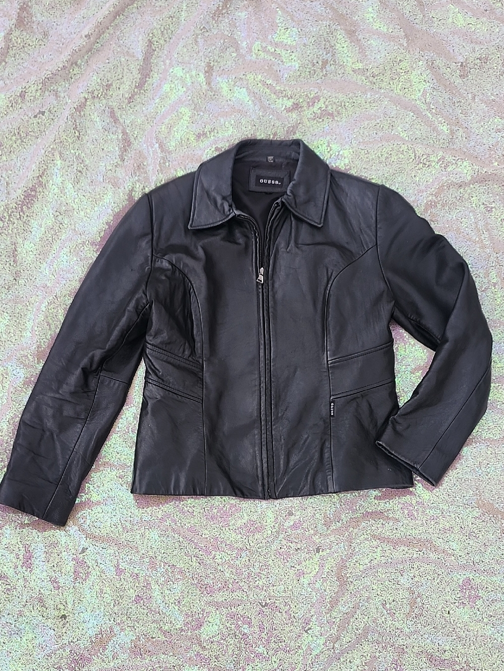 Guess Black Leather Zip Jacket #Vintage!! Women's Large!